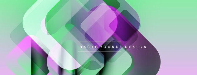 Poster - Abstract geometric shapes overlap, creating vibrant color gradients. Light green, purple hues dominate design. Minimalist text present.