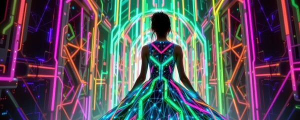 Wall Mural - futuristic girl in neon dress with colorful light patterns
