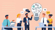 © Purnomo - Vector illustration of business professionals brainstorming and discussing a new project idea, symbolizing innovation, teamwork, and the creative process in a collaborative office environment.