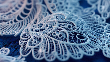 Closeup of delicate white lace pattern on dark fabric
