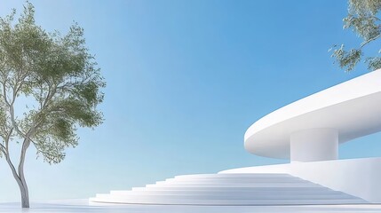 Fototapete - 白い階段と曲線のデザインに青い空と緑の木々がある屋外シーン 幾何学的な建築とミニマリストな風景