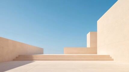 Fototapete - 明るい青空の下の屋外建築の階段と壁の幾何学的構造