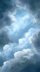 Wall Mural - fluffy, layered clouds in a dramatic sky with light beams shining through, creating a dreamy and ser