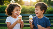 © NN AI - Two children laughing while eating ice cream cones on park bench with messy faces. Girl and boy enjoying vanilla dessert outdoors. Summer friendship and sweet treats concept. Dairy sale