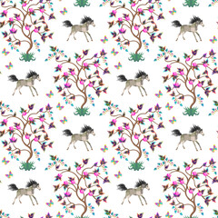 Wall Mural - Galloping horses, blossoming trees and fluttering butterflies isolated on white background seamless spring pattern. Beautiful animal print for fabric.