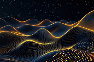 Wall Mural - Abstract digital landscape with flowing waves of light and dark tones, illuminated by glowing lines and dots, creating a mesmerizing visual experience of depth and movement