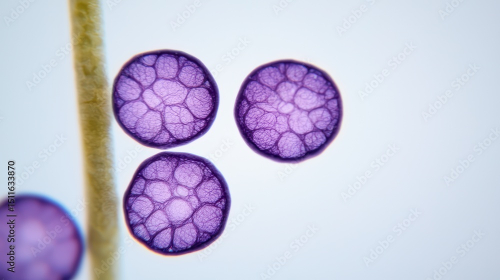 Microscopic view of circular purple cells Close-up microscopic image ...