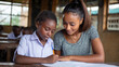 © ALA - An African teacher assisting a student with math homework in a warm, welcoming classroom setting. Black African children from disadvantaged families study in school, read books,