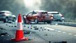 © demzp - Traffic cone in foreground with damaged vehicles after a car accident on the highway.