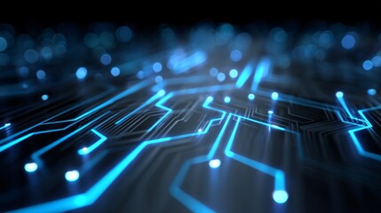 Futuristic blue circuit lines on geometric tech background, symbolizing digital innovation and advanced technology