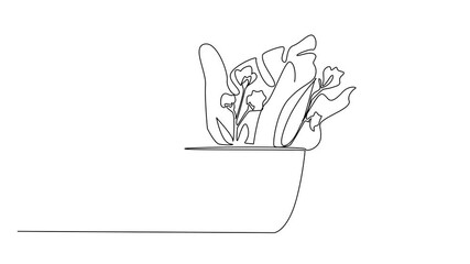 Wall Mural - animation of continuous line drawing cup filled with leaves and flowers. bouquet of plants in a uniq