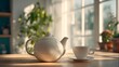 © Marry93 - Modern table with only teapot and cup, sun-kissed scene, airy and tranquil