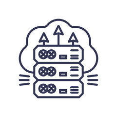 cloud servers with upward arrows symbolize scalable deployment and growth.