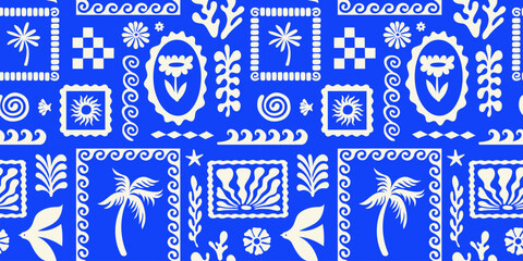 Aufkleber - Vector hand drawn seamless pattern graphics with silhouette summer and vacation illustrations, print design template, tropical illustrations, frames and borders in simple trendy naive cut out style 