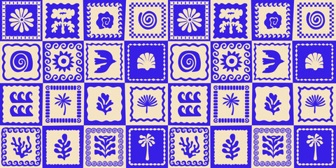 Aufkleber - Vector hand drawn seamless pattern graphics with silhouette summer and vacation illustrations, print design template, tropical illustrations, frames and borders in simple trendy naive cut out style