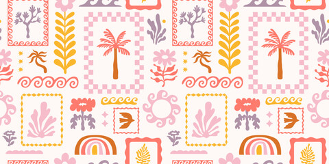 Aufkleber - Vector hand drawn seamless pattern graphics with silhouette summer and vacation illustrations, print design template, tropical illustrations, frames and borders in simple trendy naive cut out style