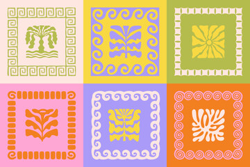 Fototapete - Vector hand drawn graphics, print design templates, summer and vacation theme, tropical illustrations, frames and borders in simple trendy naive cut out style 