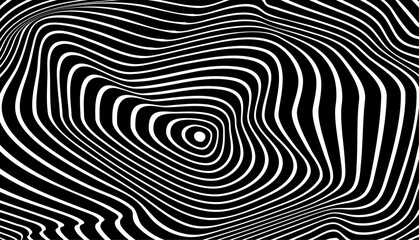 Leinwandbilder - 3D optical Illusion. Psychedelic black and white striped circles line pattern. Abstract geometric wavy curve background. Hypnotic op art style background wave. Vector design