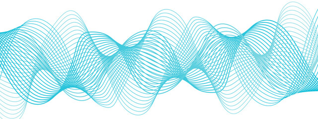 Poster - Abstract, digital-style background with series  intertwined, flowing waveforms made of smooth, fine aqua blue lines. Waves curve and overlap fluidly, stretching horizontally across with soft gradients