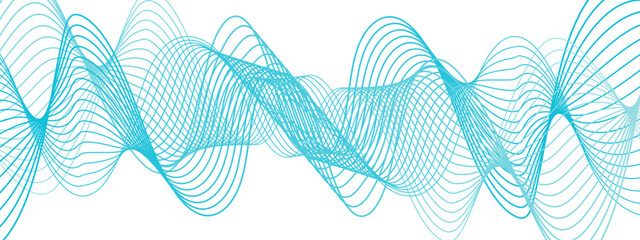 Poster - Abstract, digital-style background with series  intertwined, flowing waveforms made of smooth, fine aqua blue lines. Waves curve and overlap fluidly, stretching horizontally across with soft gradients