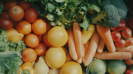 overhead view of fresh fruits and vegetables arranged artistically with vibrant colors under soft di