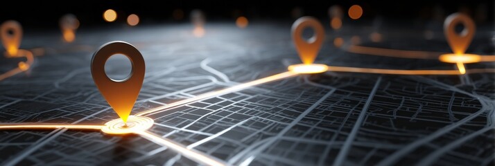 Poster - Clean City Map Highlighting Glowing Route Pins and Courier Icons During Nighttime Navigation for Urban Deliveries and Logistics Operations