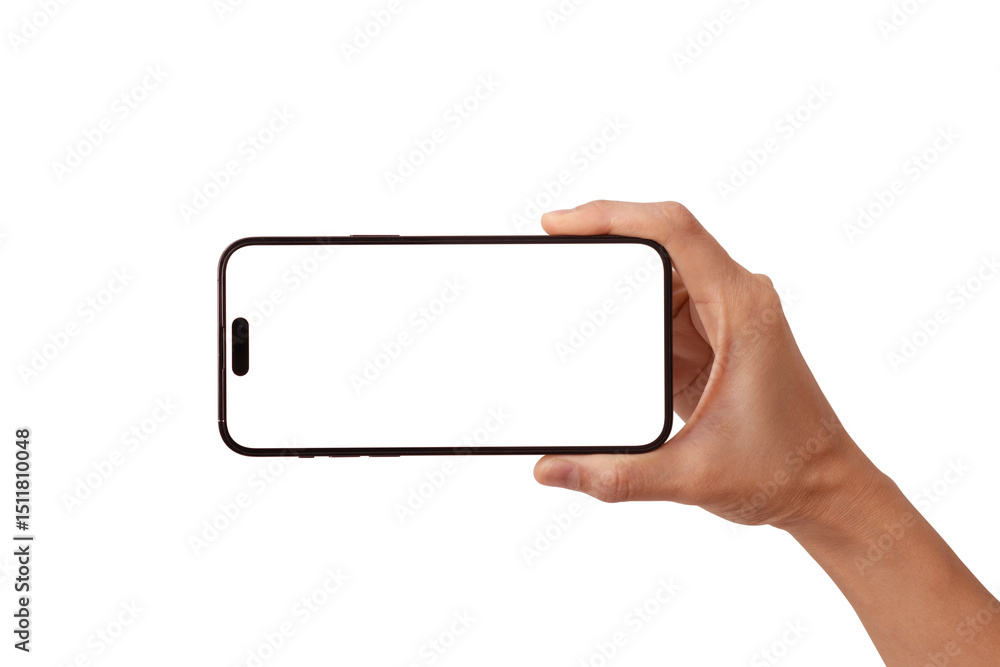 Hand holding the black smartphone with blank screen and modern ...