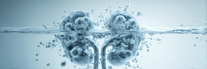 Poster - Water Drop Transforms Into Kidney Shape With Clear Upper Zone and Bubbles Rising