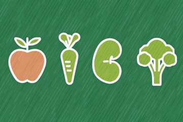 Poster - Collection of Healthy Food Icons on a Green Background Featuring Apple, Carrot, Kidney, and Broccoli