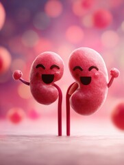 Leinwandbilder - Smiling and Flexing Kidneys Enjoying a Fun Moment in a Colorful Animated Setting With a Clear Central Space