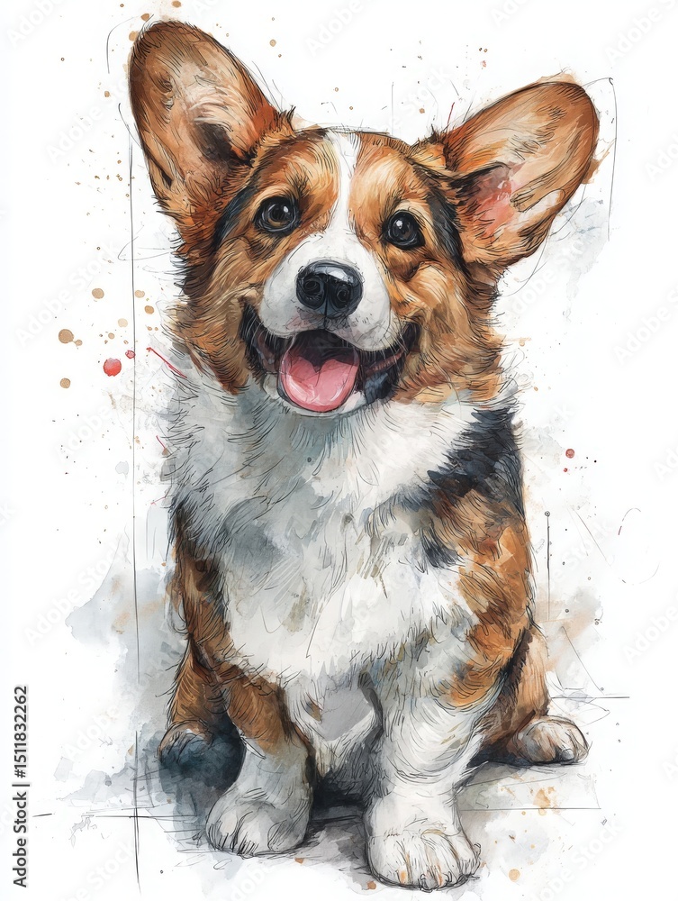A happy corgi sits with its tongue out and ears perked up. The fluffy dogs joyful demeanor shines against a light, softly splattered background.