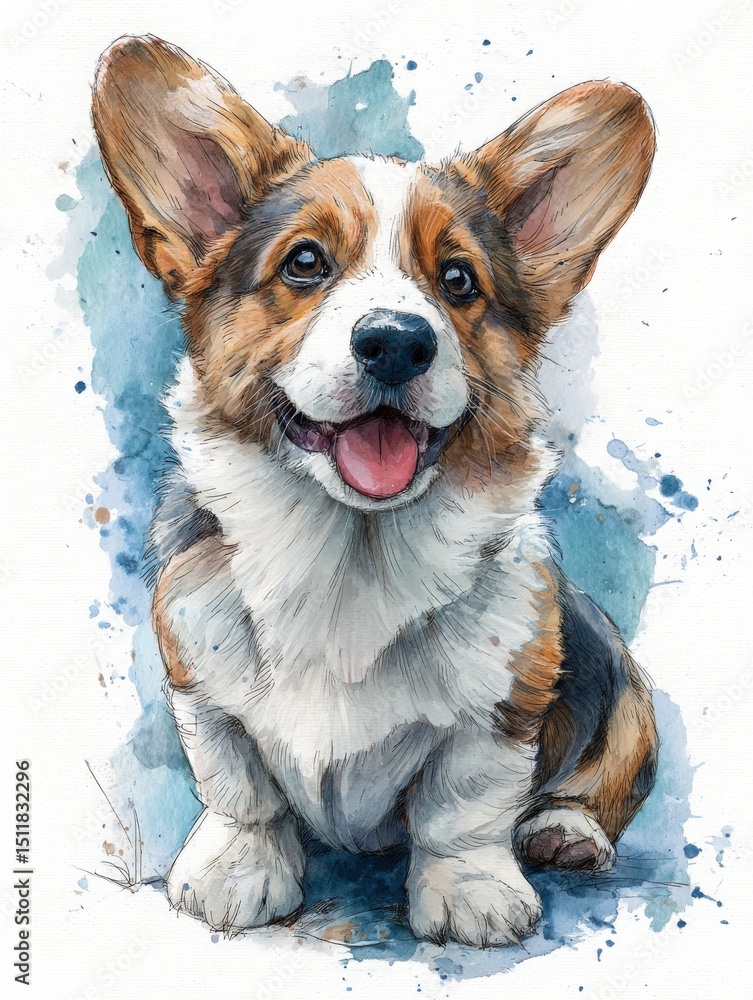 A cheerful corgi puppy with a shiny coat is sitting happily with its tongue out. The background features vibrant watercolor splashes, creating an artistic and playful atmosphere.
