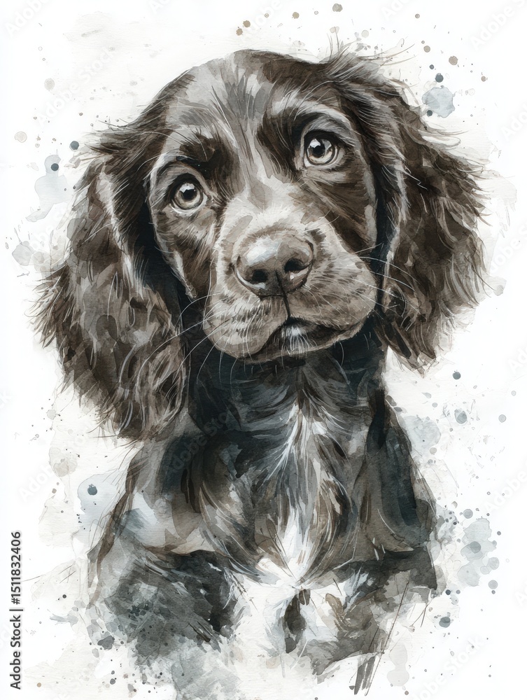 A brown dog with a gentle expression poses in a stunning watercolor painting. The soft brush strokes create a dreamy effect that highlights its playful nature and captivating eyes.