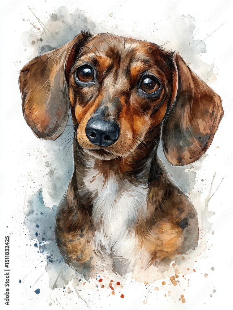 A charming dachshund gazes directly at the viewer, its expressive eyes and floppy ears highlighted by vibrant watercolor strokes. The artistic background adds a playful touch to the composition.