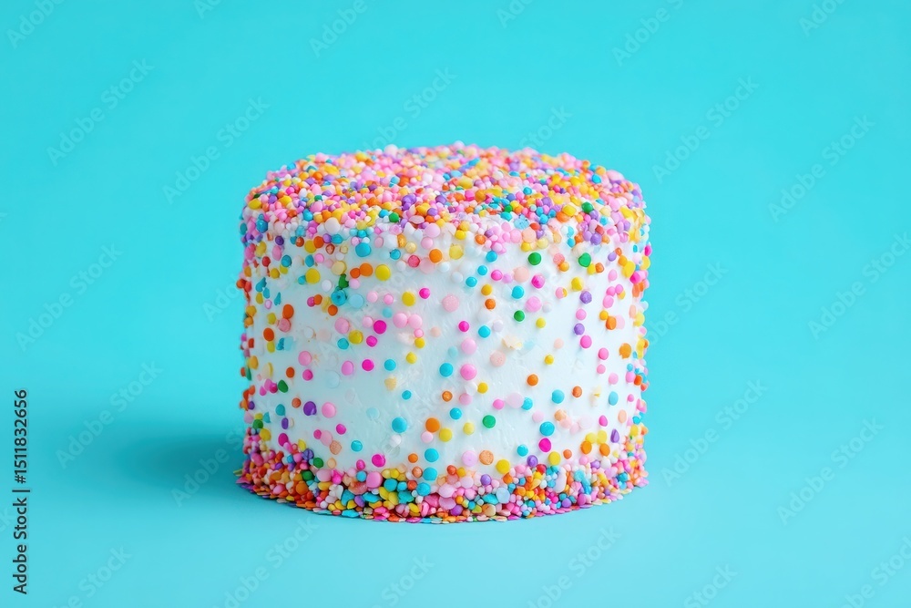 A round cake adorned with a variety of colorful sprinkles sits against a vibrant blue backdrop. This delightful treat is perfect for festive occasions, bringing joy and sweetness.