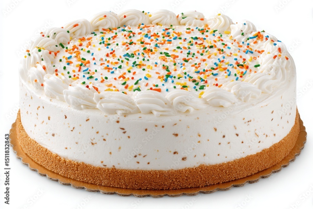A round cake with a smooth white frosting and colorful sprinkles on top, sitting on a decorative cake board. The cake features a crumbly base and looks inviting for parties or gatherings.