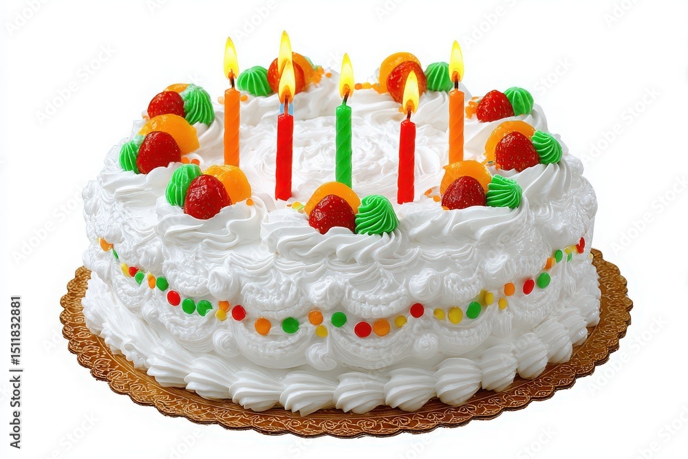 This festive cake features creamy frosting topped with bright fruits and colorful candles. Ideal for birthday parties, it captures the joy of celebration and indulgence.