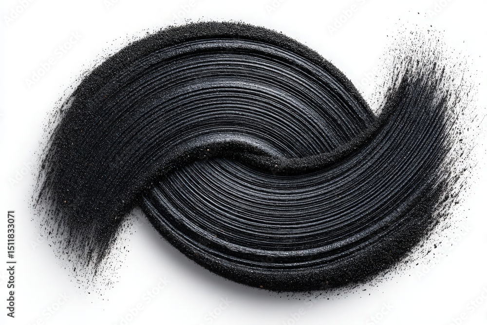 This composition features a smooth, swirling application of black powder on a bright white surface. The texture creates a sense of movement and depth, resembling a wave or brushstroke.