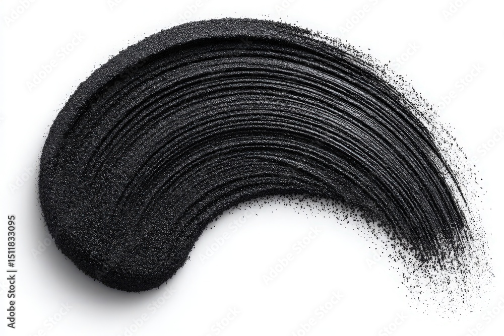 A thick, textured black powder is artistically swirled in a smooth arc on a bright white surface, showcasing its fine grains and unique patterns created during the application.