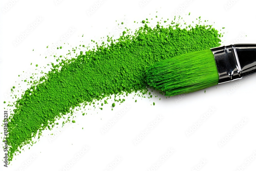 A bright green powder is spread artistically alongside a clean paintbrush. The dynamic arrangement suggests creativity in art projects, inviting exploration of textures and colors.
