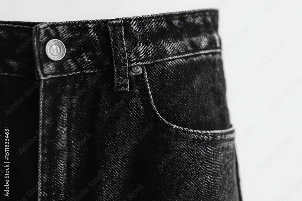Black denim jeans are highlighted with a close-up view showcasing the texture of the fabric, the front pocket, and the metallic button. The minimalist style emphasizes quality and design.