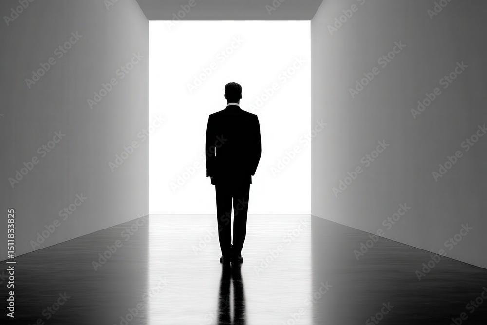 A person dressed in a dark suit stands at the end of a stark, minimalist corridor. The bright light behind them creates a dramatic silhouette, evoking a sense of mystery and anticipation.