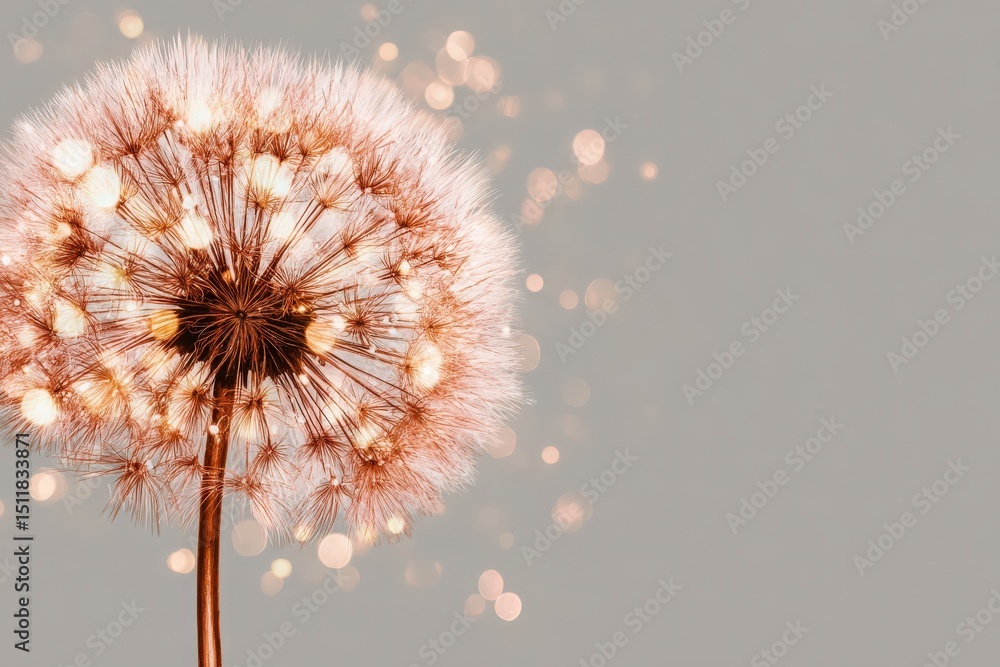 A soft dandelion puff stands out against a neutral background, illuminated by sparkling bokeh lights. The intricate details of the seeds are prominent, creating an enchanting visual effect.