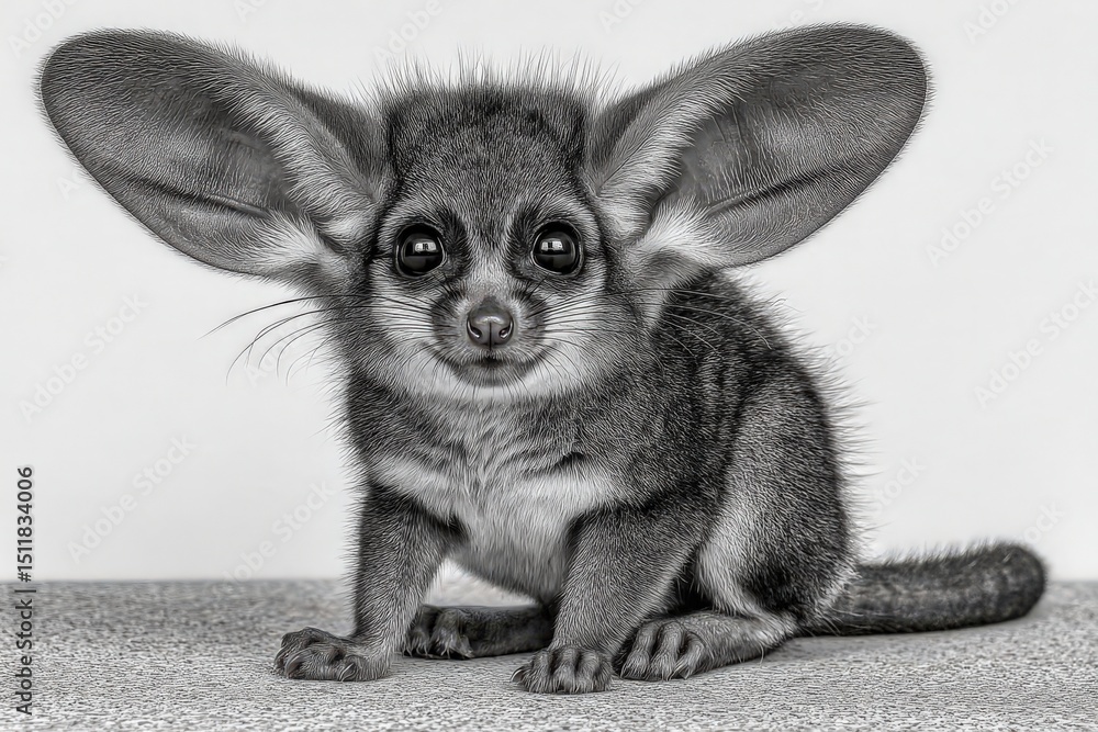 This adorable creature features large ears and a furry body, sitting calmly on a surface. Its expressive eyes and unique appearance suggest curiosity.