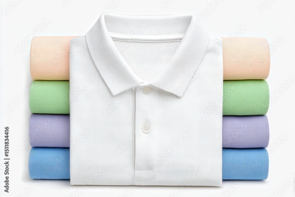 A collection of rolled shirts in soft pastel colors is arranged neatly. The shirts include green, light purple, light blue, peach, and a crisp white shirt on top, showcasing their textures and colors.