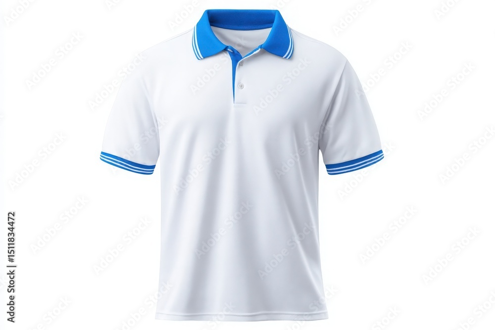 A white polo shirt featuring blue collar and sleeve accents. Ideal for casual events or outdoor activities. Offers comfort and style for summer wear and everyday use.