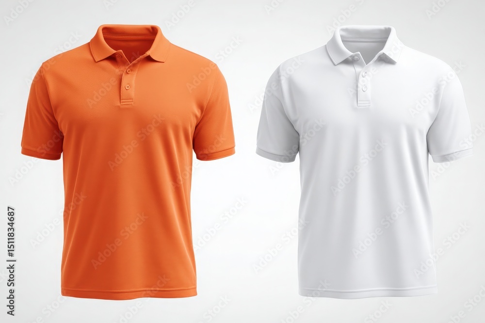 Two polo shirts are shown side by side, one in bright orange and the other in classic white, suitable for casual occasions. Their simple design highlights versatility for everyday fashion.
