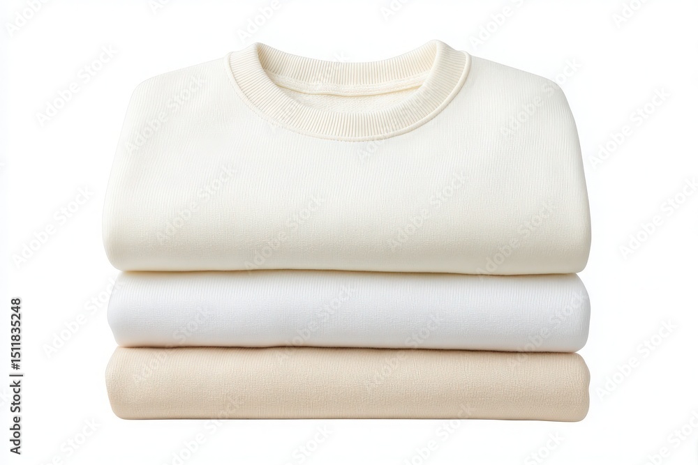 Three soft cotton sweaters are neatly stacked on top of each other, showcasing a palette of neutral colors. The casual arrangement highlights their comfy texture and versatile style for any wardrobe.