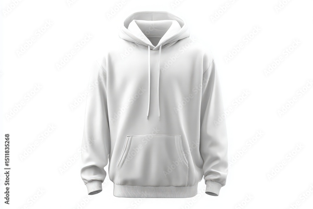 A plain white hooded sweatshirt hangs against a white background. With a front pocket and drawstrings, it highlights a simple and casual style ideal for everyday use.