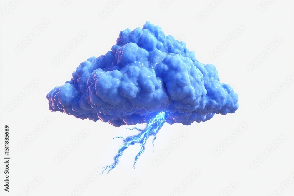 A vivid blue cloud floats in a light background, featuring a dramatic lightning bolt arcing beneath it, suggesting a powerful storm. The scene captures both beauty and intensity.